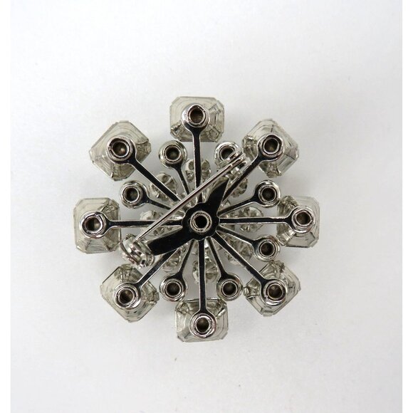 Vintage Rhinestone Brooch 1.5" Silver Tone Clear Round Square Stones Floral Pin - Picture 10 of 12